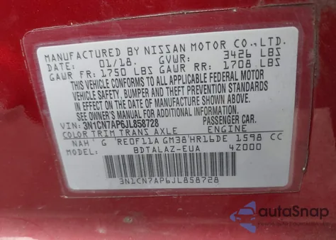 2018 Nissan Versa 1.6 S+ z USA, uszkodzony, nr VIN 3N1CN7AP6JL858728